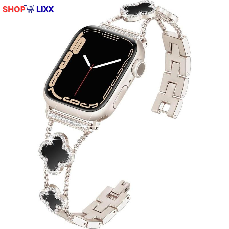 ZY Black Shell Clover Slim Metal Bracelet for Apple Watch - Business & Dressy Strap Compatible Ultra 2/Ultra/Series 9-1/SE/SE2 (38-49Mm) Women & Men (Watch Not Included)