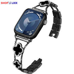 ZY Black Shell Clover Slim Metal Bracelet for Apple Watch - Business & Dressy Strap Compatible Ultra 2/Ultra/Series 9-1/SE/SE2 (38-49Mm) Women & Men (Watch Not Included)