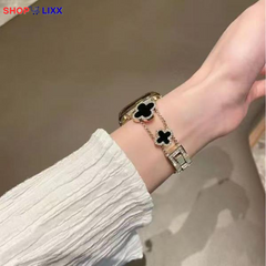 ZY Black Shell Clover Slim Metal Bracelet for Apple Watch - Business & Dressy Strap Compatible Ultra 2/Ultra/Series 9-1/SE/SE2 (38-49Mm) Women & Men (Watch Not Included)