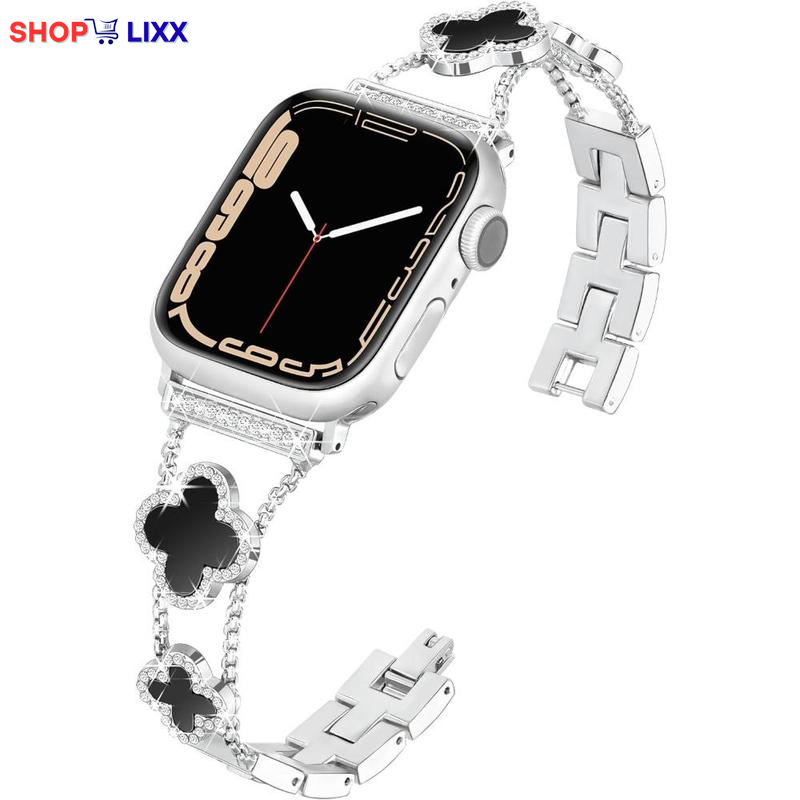 ZY Black Shell Clover Slim Metal Bracelet for Apple Watch - Business & Dressy Strap Compatible Ultra 2/Ultra/Series 9-1/SE/SE2 (38-49Mm) Women & Men (Watch Not Included)