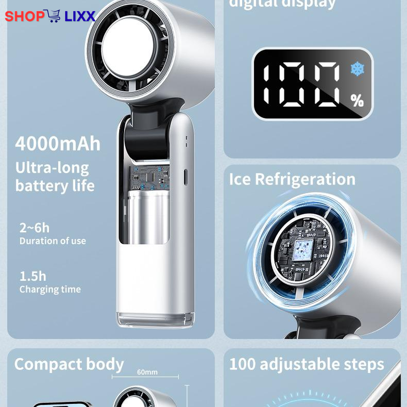 Portableairconditioner"3-In-1 Ice Cooling Portable Fan - USB Rechargeable, 10H Runtime, 100 Speeds with Ice Pad for Instant Chill, Ultra Quiet For
